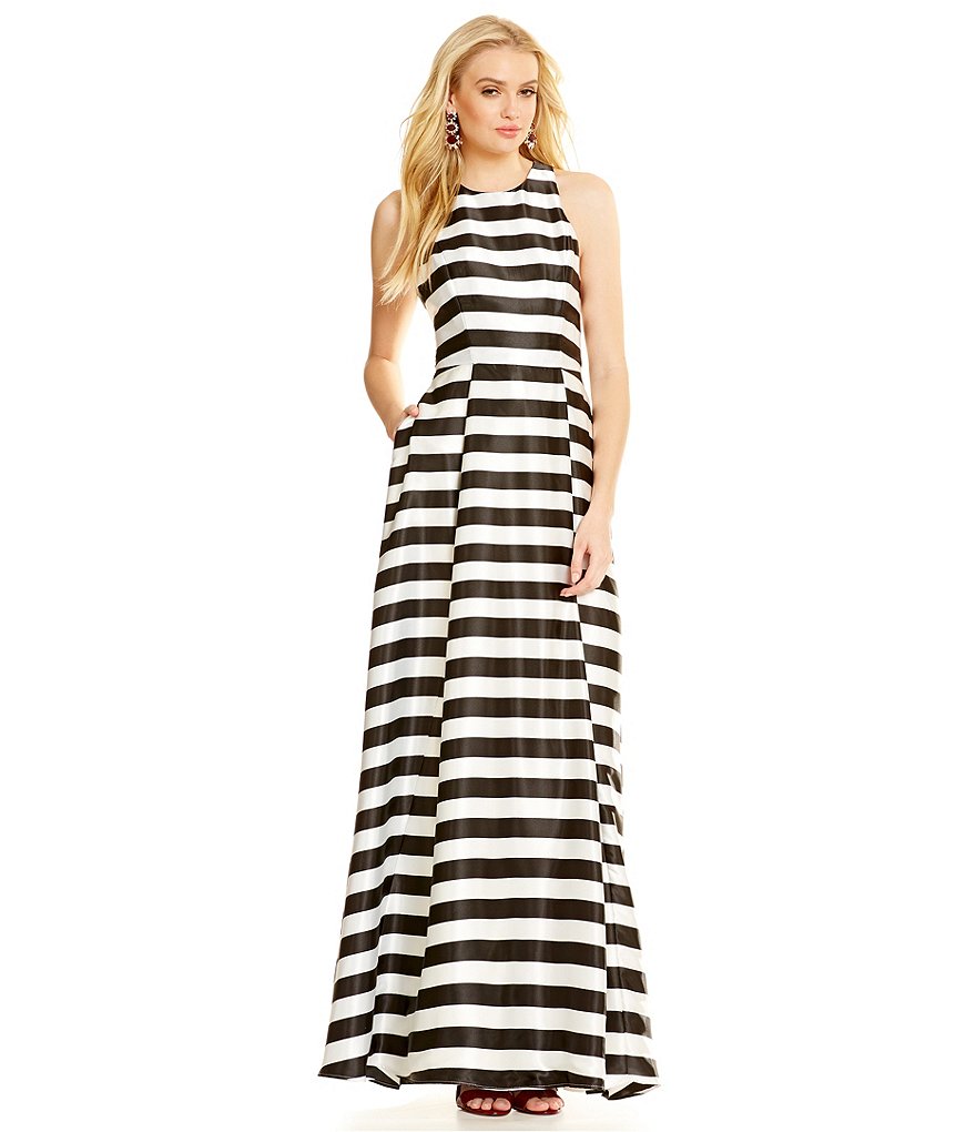 Betsy & Adam Satin Striped Racerback Gown