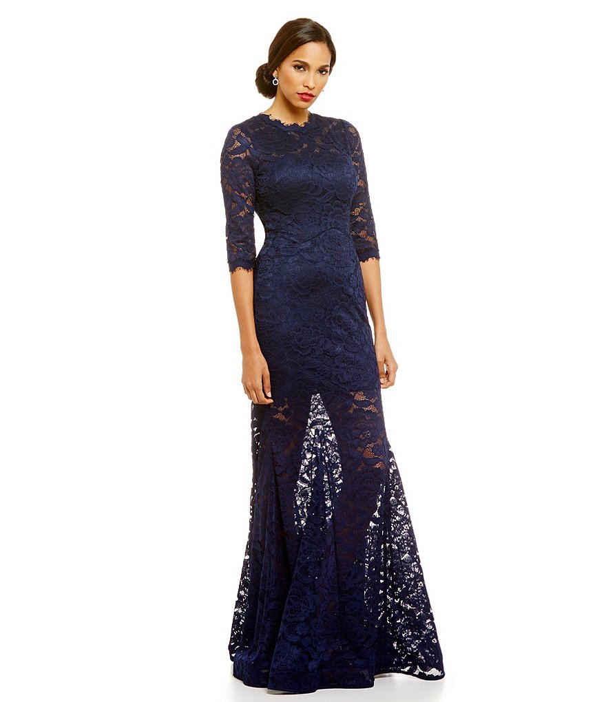 Betsy and Adam Open Back Lace Gown