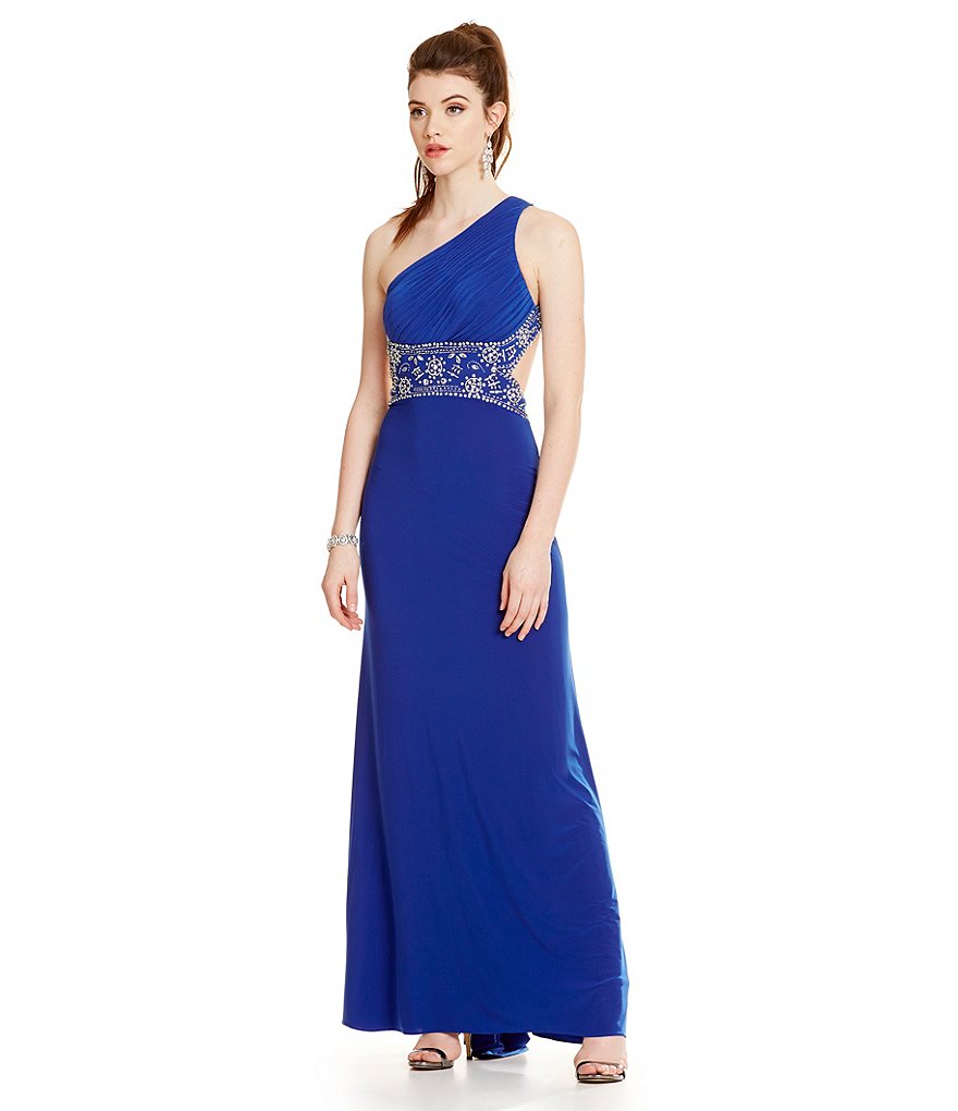 Blondie Nites One Shoulder Beaded Trim Open Back Long Dress