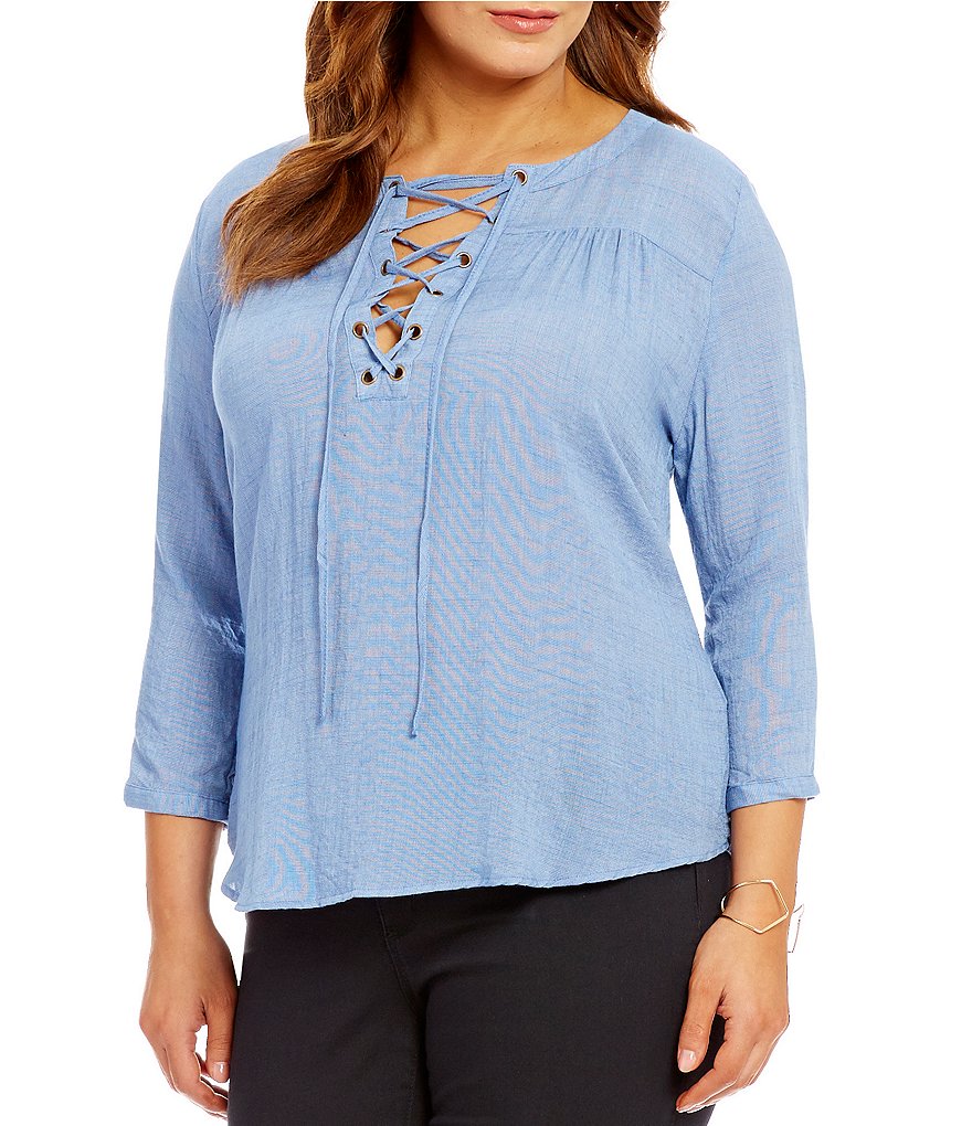 Blu Pepper Plus Lace Up 3/4 Sleeve Peasant Shirt
