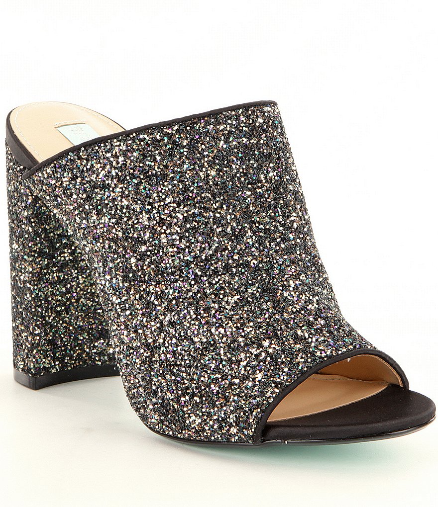 Blue by Betsey Astor Johnson Glitter Slip On Block Heel Dress Mules
