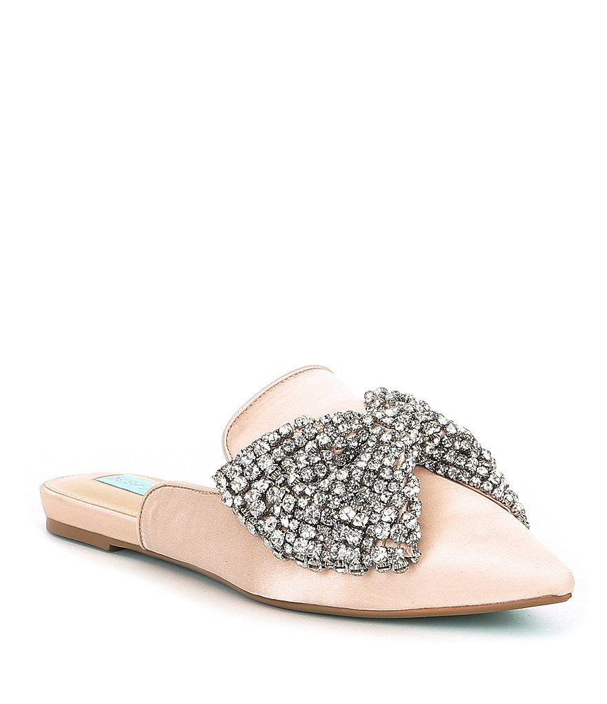 Blue by Betsey Johnson Siera Satin Rhinestone Detail Bow Dress Mules