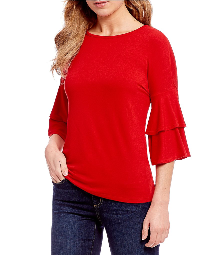Bobeau 3/4 Double Ruffle Sleeve Solid Knit Top