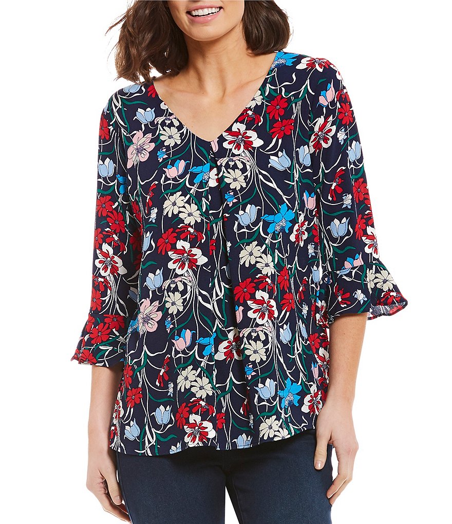 Bobeau 3/4 Ruffle Bell Cuff Sleeve V-Neck Pleat Front Floral Print Top
