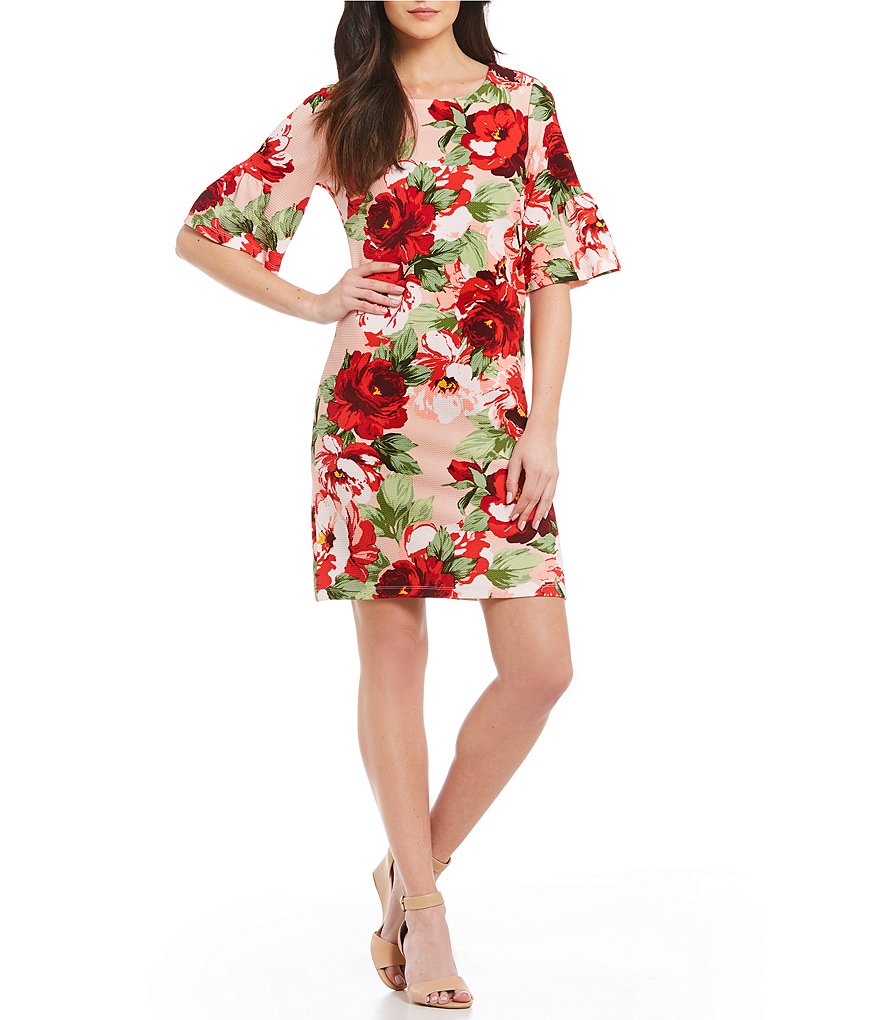 Bobeau Elbow Bell Sleeve Floral Print Sheath Dress