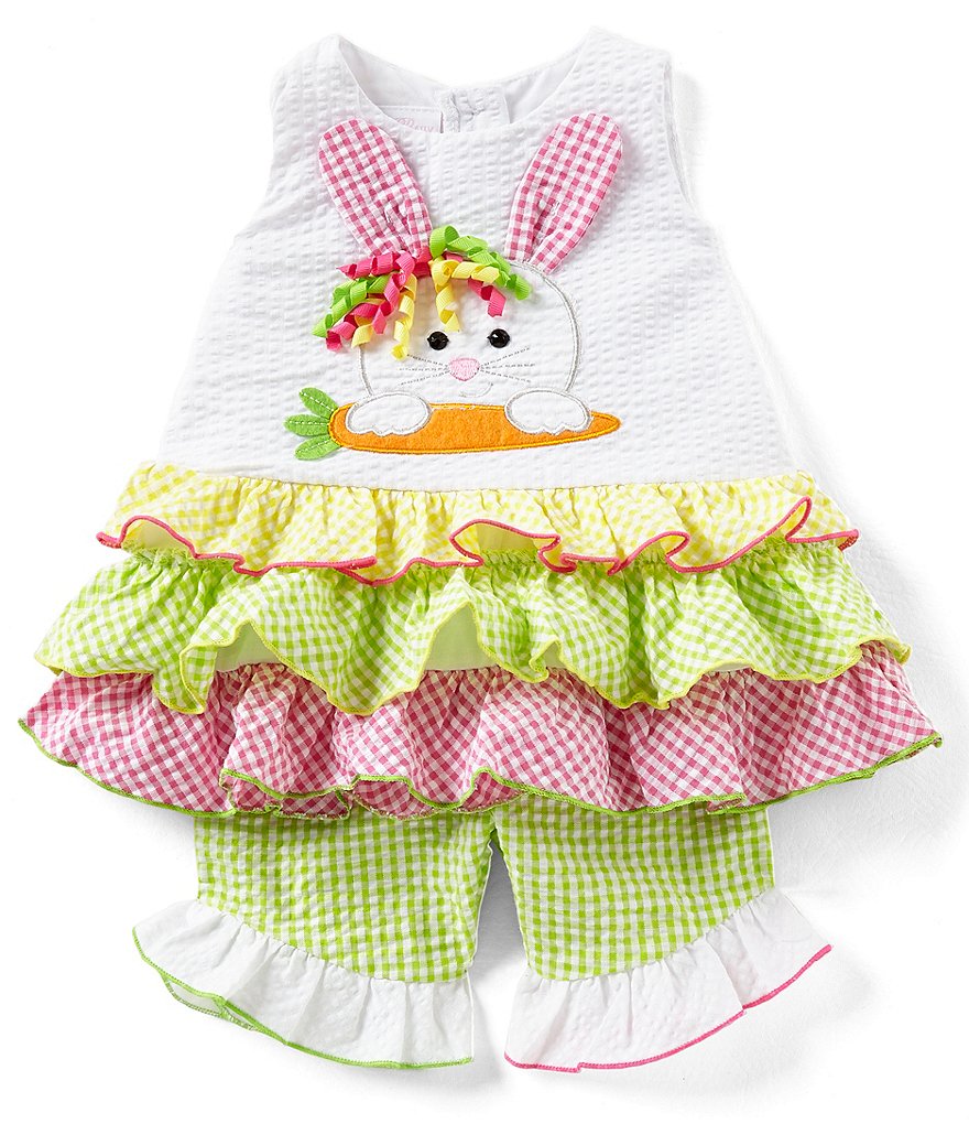 Bonnie Baby Baby Girls Newborn-24 Months Easter Bunny Face Fit-And-Flare Dress & Checked Pant Set
