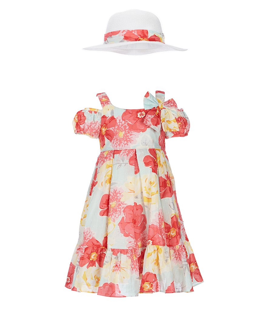 Bonnie Jean Little Girls 2T-6X Floral Cold-Shoulder Dress & Sun Hat Set