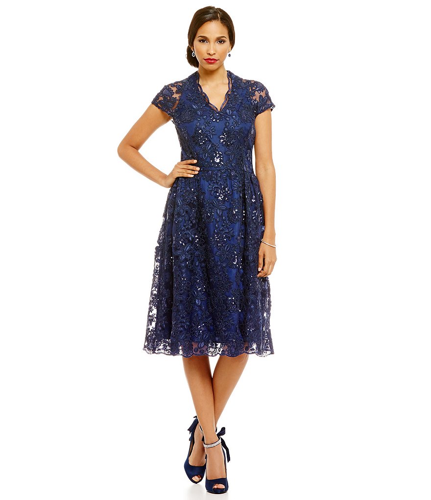 Brianna Cap Sleeve Lace Scallop Hem Embroidered Sequin A-Line Dress