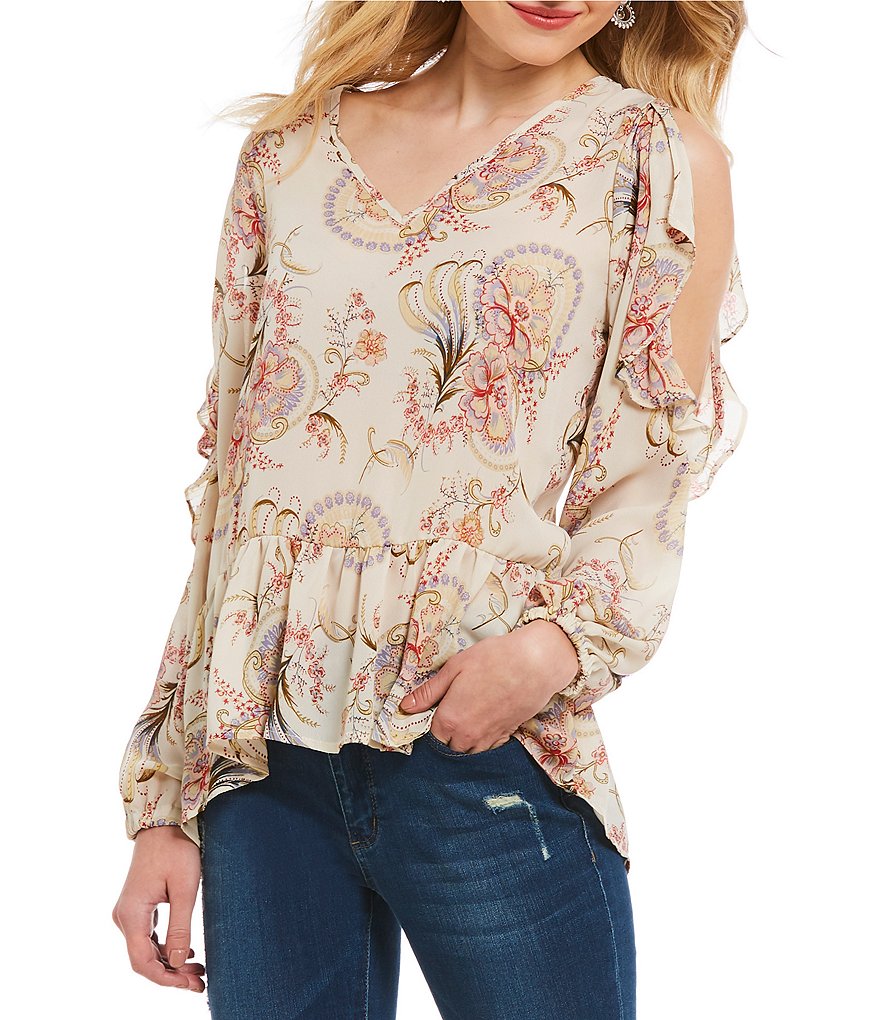 Buffalo David Bitton Floral Ruffle Around Cold Shoulder Peasant Top