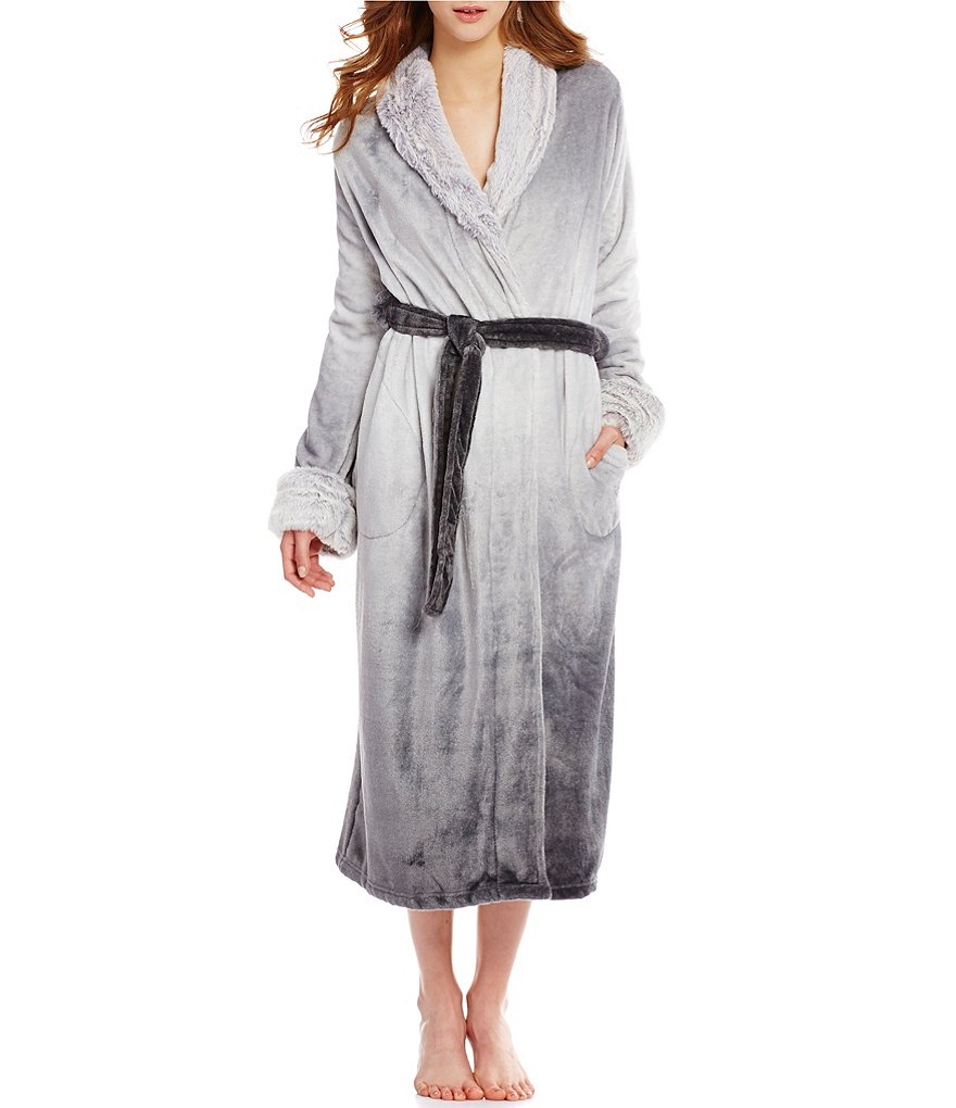 Cabernet Faux Fur-Trimmed Ombré Plush Wrap Robe