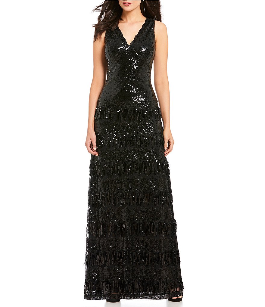 Cachet Fringe V Neck Sequin Gown