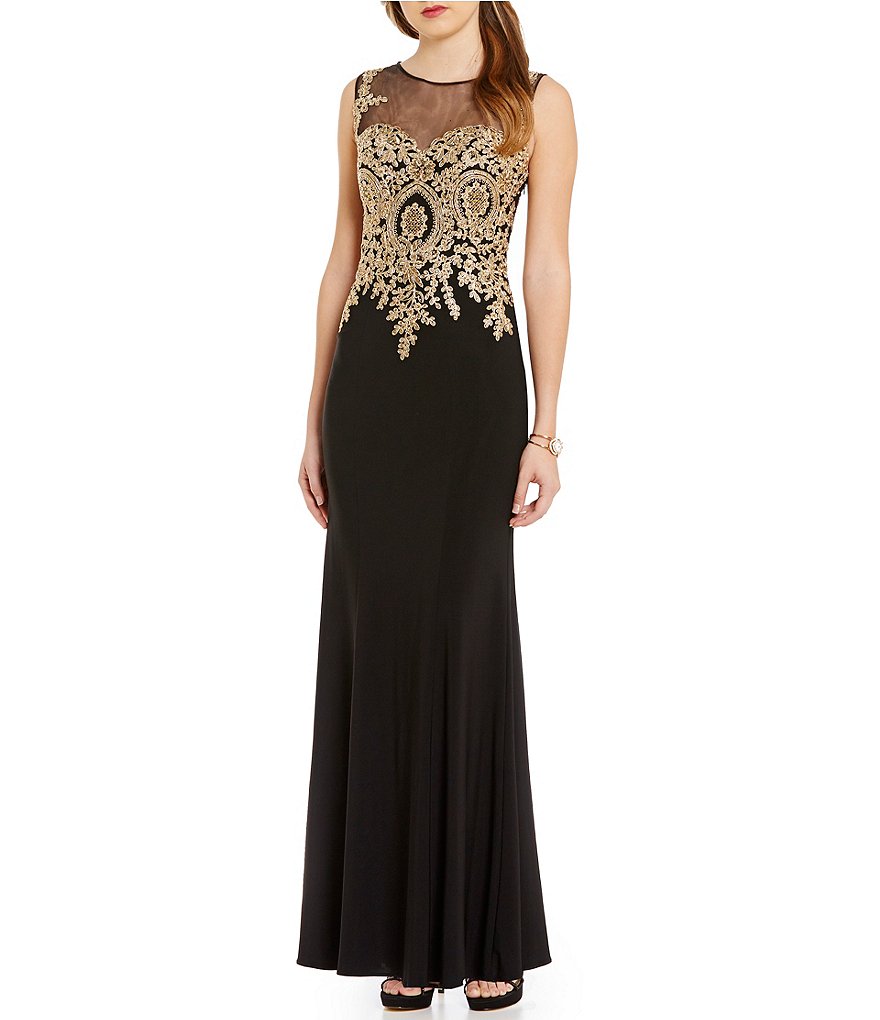 Cachet Illusion Neck Embroidered Gown