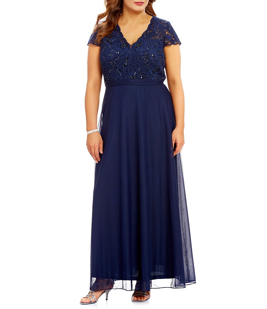 Cachet Plus Cap-Sleeve Lace-Bodice Gown