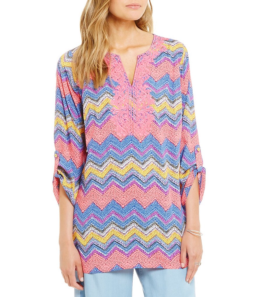 Calessa Chevron Striped Roll-Tab Sleeve Embroidered V-Neck Tunic