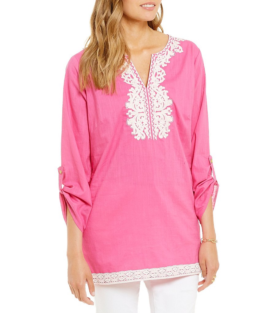 Calessa Embroidered roll-Tab Sleeve V-Neck Tunic