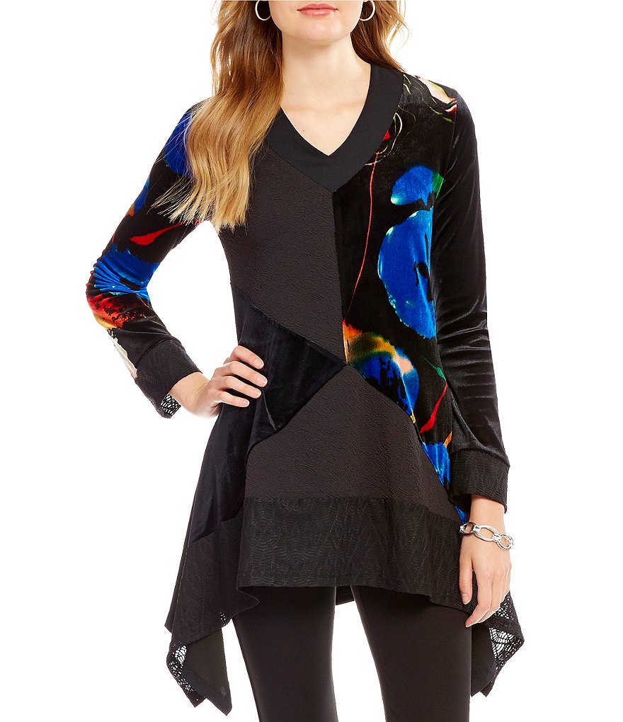 Calessa Mixed Print V-Neck Long Sleeve Sharkbite Hem Tunic