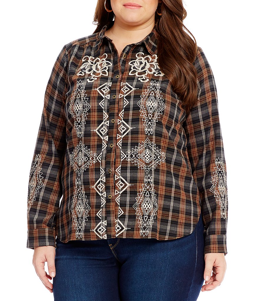 Calessa Plus Embroidered Plaid Blouse