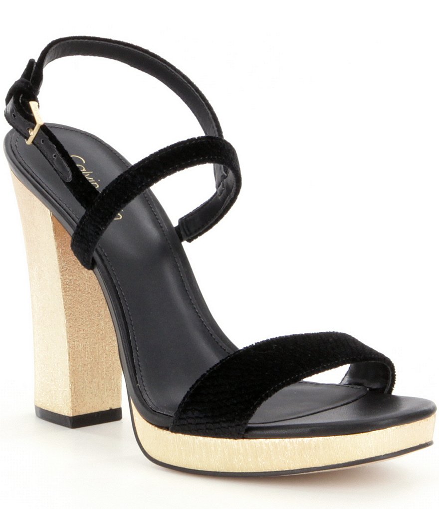 Calvin Klein Velvet Bambii Metallic Block Heel Platform Dress Sandals