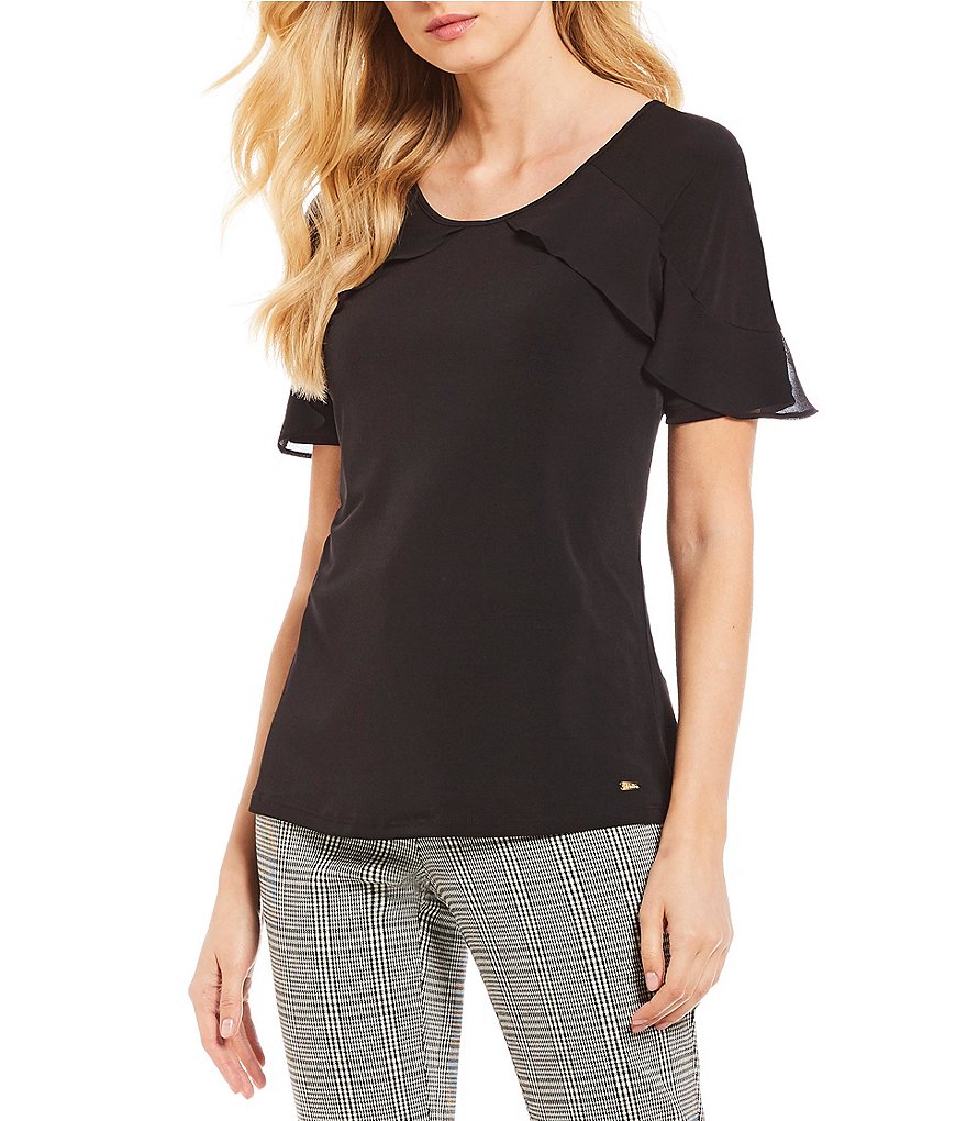 Calvin Klein Chiffon Ruffle Trim Matte Jersey Knit Top