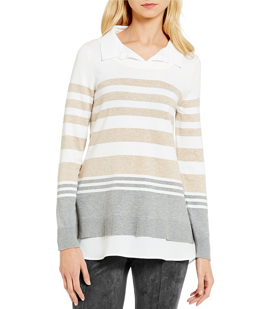 Calvin Klein Fine Gauge Knit Stripe Sweater With Collar and Shirttail Hem