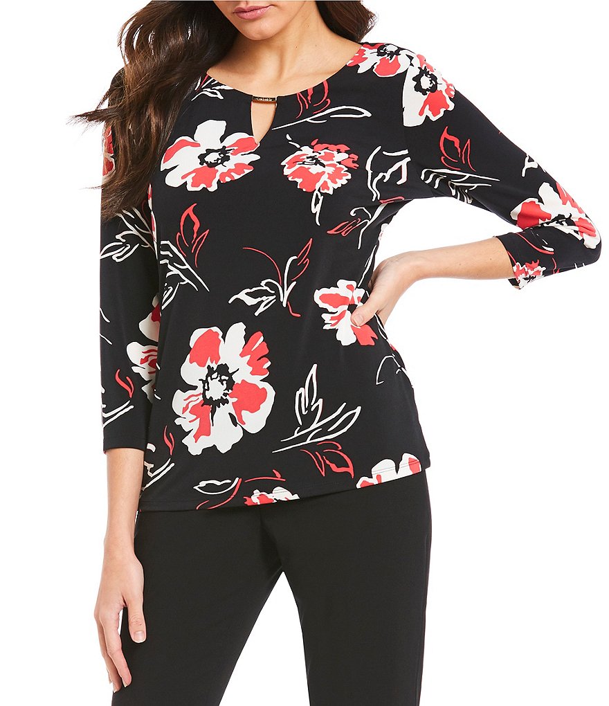 Calvin Klein Floral Print Matte Jersey Keyhole Neck Top