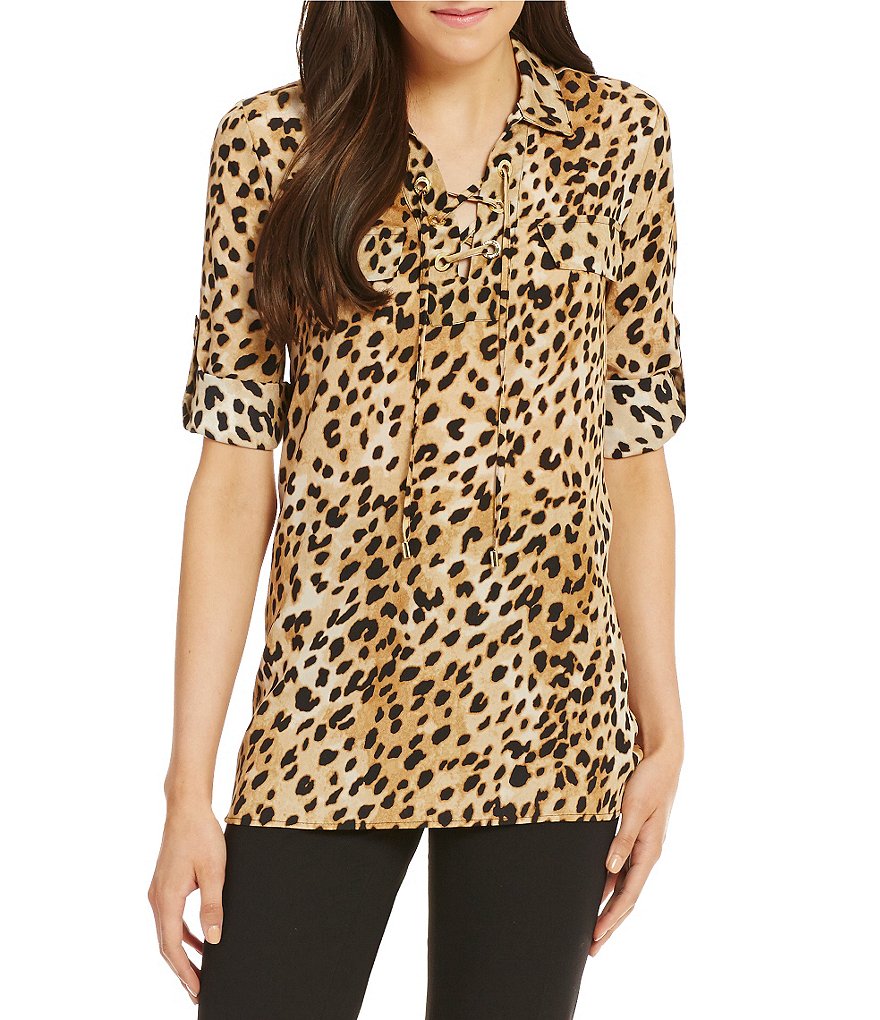 Calvin Klein Lace-Up Neck Printed Roll-Tab Sleeve Top