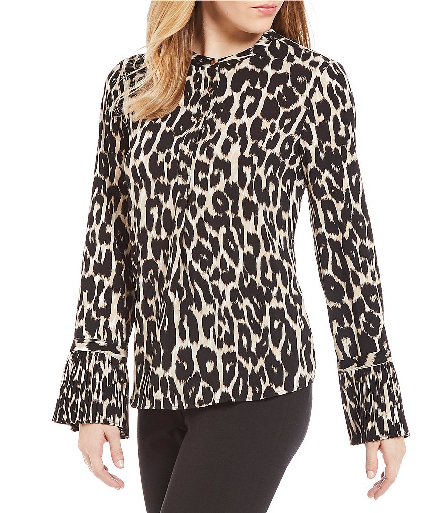 Calvin Klein Leopard Print Long Sleeve Pleated Bell Cuff Blouse