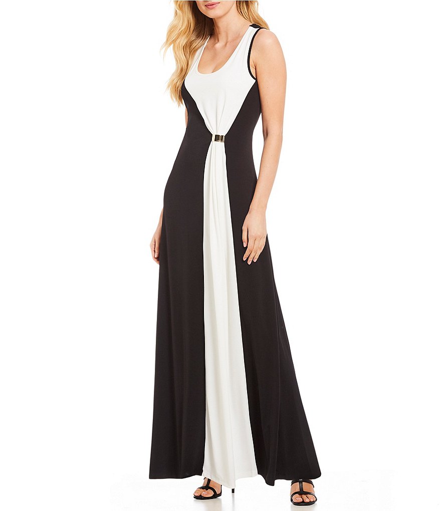 Calvin Klein Matte Jersey Colorblock Side Drape Maxi Dress