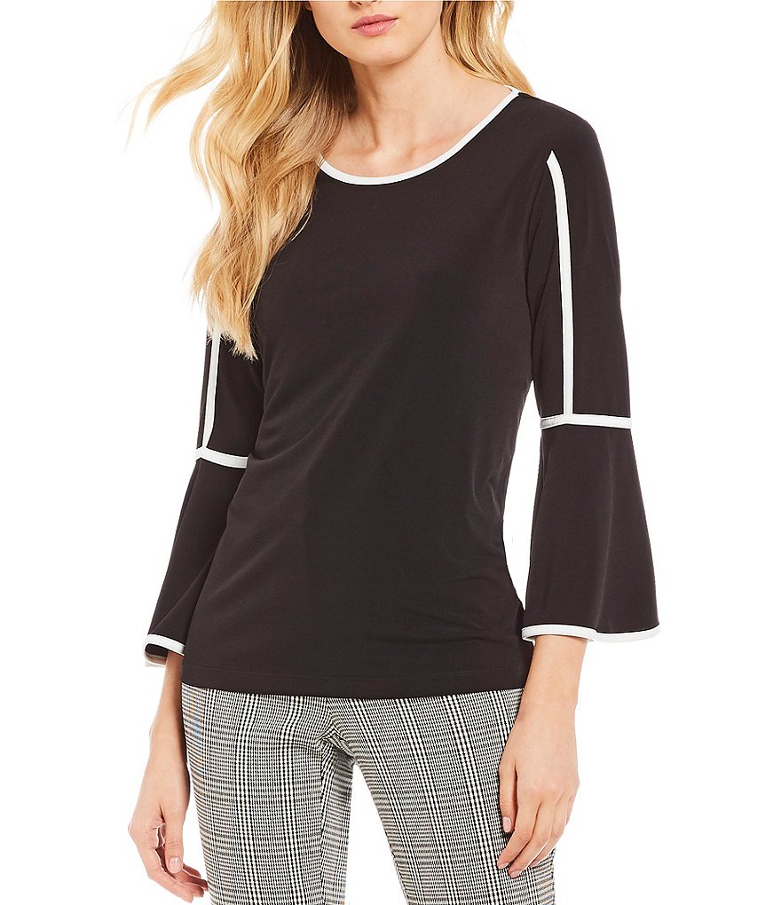 Calvin Klein Matte Jersey Contrast Pipe Trim Bell Sleeve Top