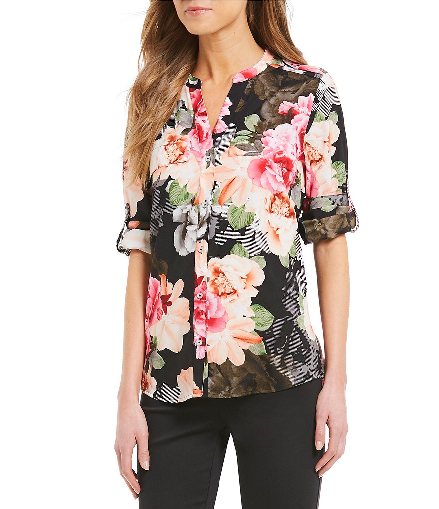Calvin Klein Mixed Floral Print Roll-Sleeve Blouse