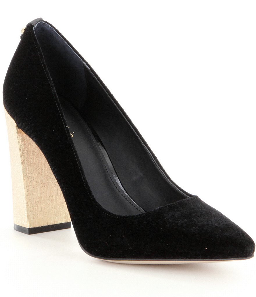Calvin Klein Neema Velvet Pointed Toe Slip-On Metallic Block Heel Pumps