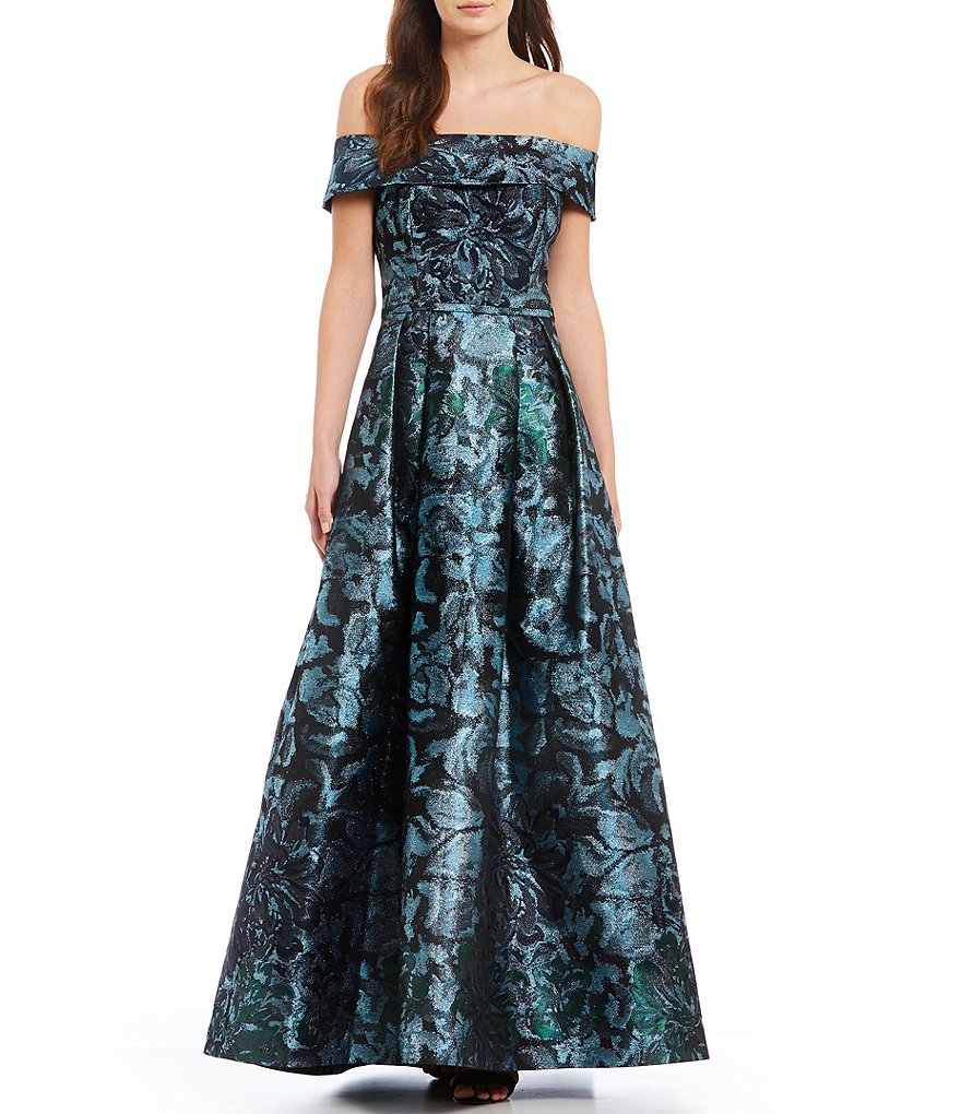 Calvin Klein Off-the-Shoulder Metallic Floral Ballgown