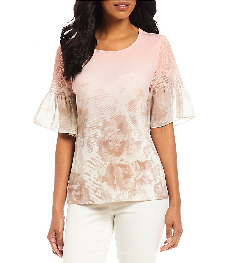 Calvin Klein Ombre Floral Print Matte Jersey Smocked Georgette Short Bell Sleeve Top