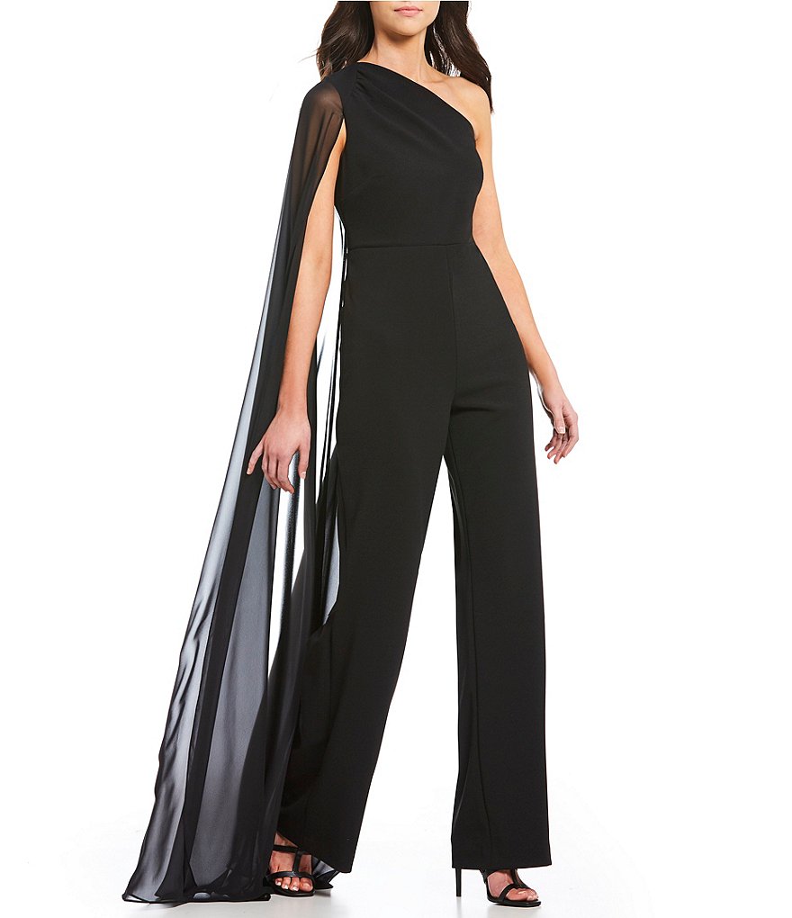 Calvin Klein One-Shoulder Chiffon Capelet Jumpsuit