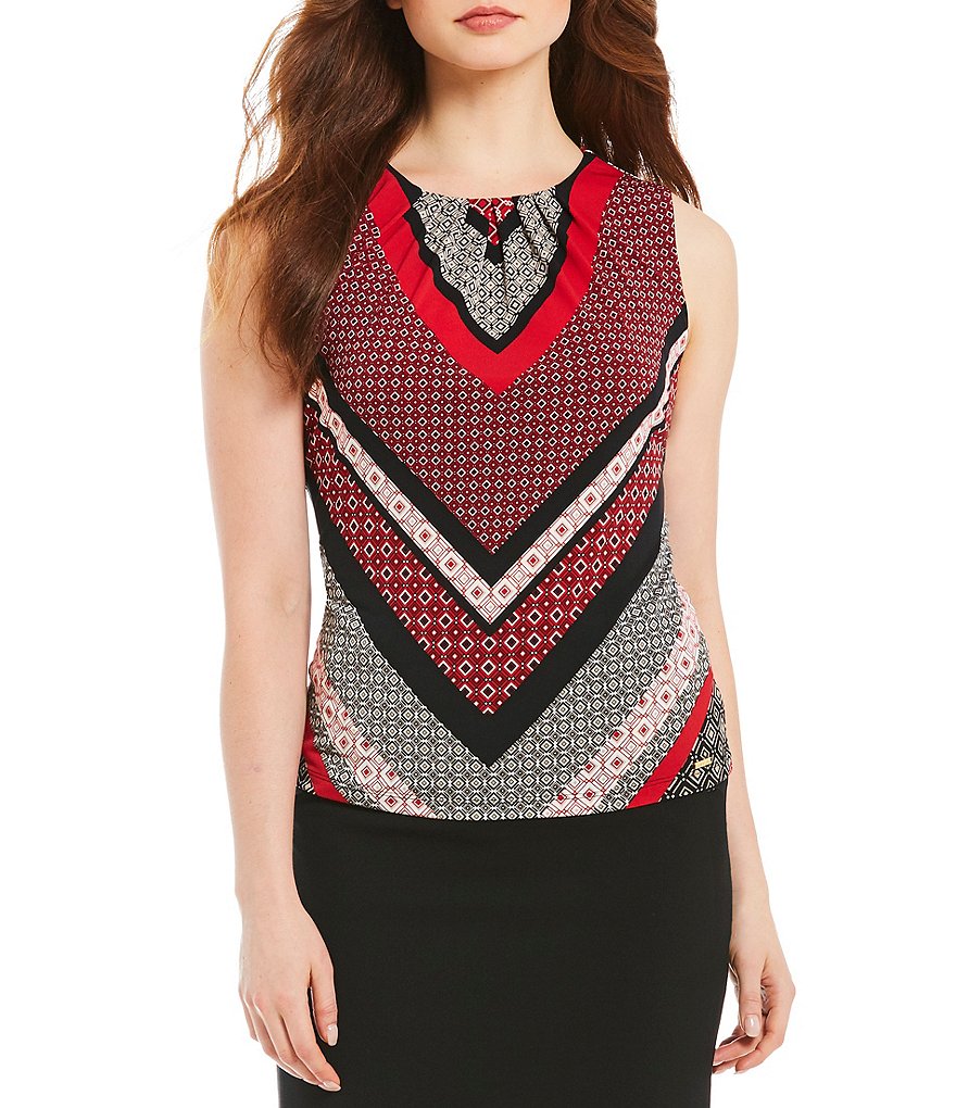 Calvin Klein Petites Mitered Geometric Stripe Print Matte Jersey Pleat Neck Shell