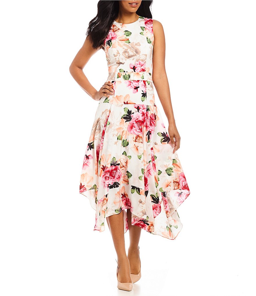 Calvin Klein Pieced Floral Print Belted Handkerchief Hem Midi Dress