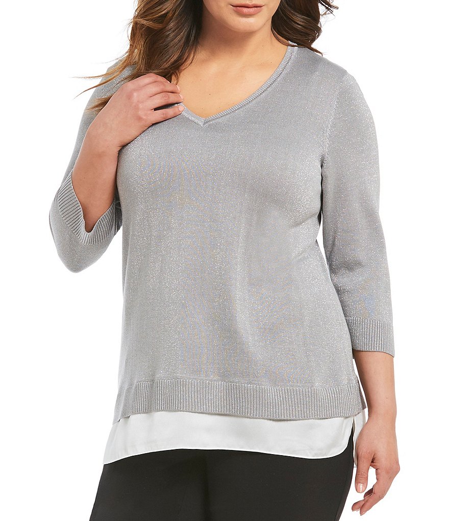 Calvin Klein Plus 3/4 Sleeve Lurex 2-Fer Sweater