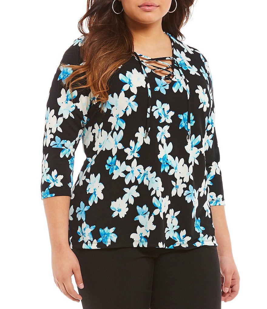 Calvin Klein Plus Ditsy Floral Print Lace-Up Front Top