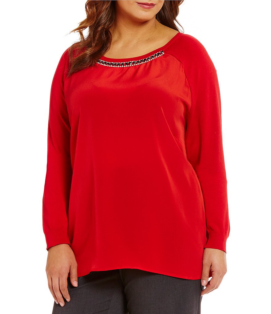 Calvin Klein Plus Embellished Neck Long Sleeve Top