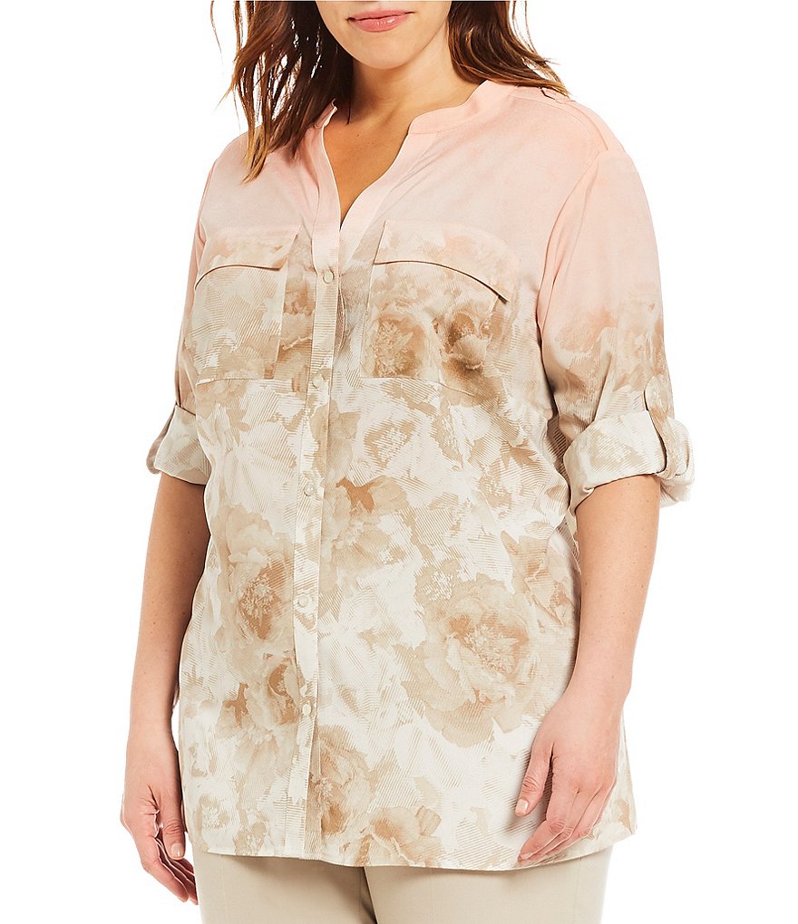 Calvin Klein Plus Ombre Printed Roll-Tab Sleeve Blouse