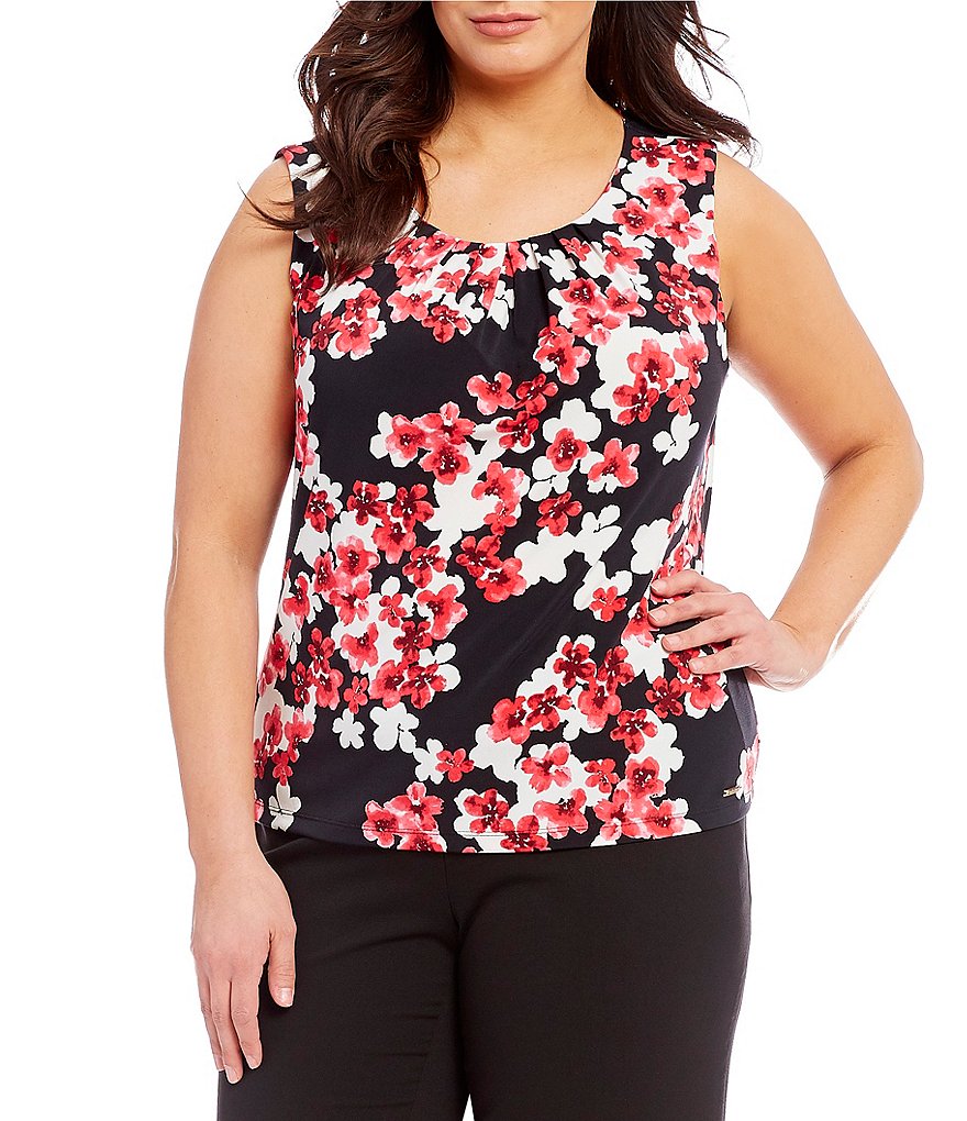 Calvin Klein Plus Poppy Floral Printed Pleat Neck Shell