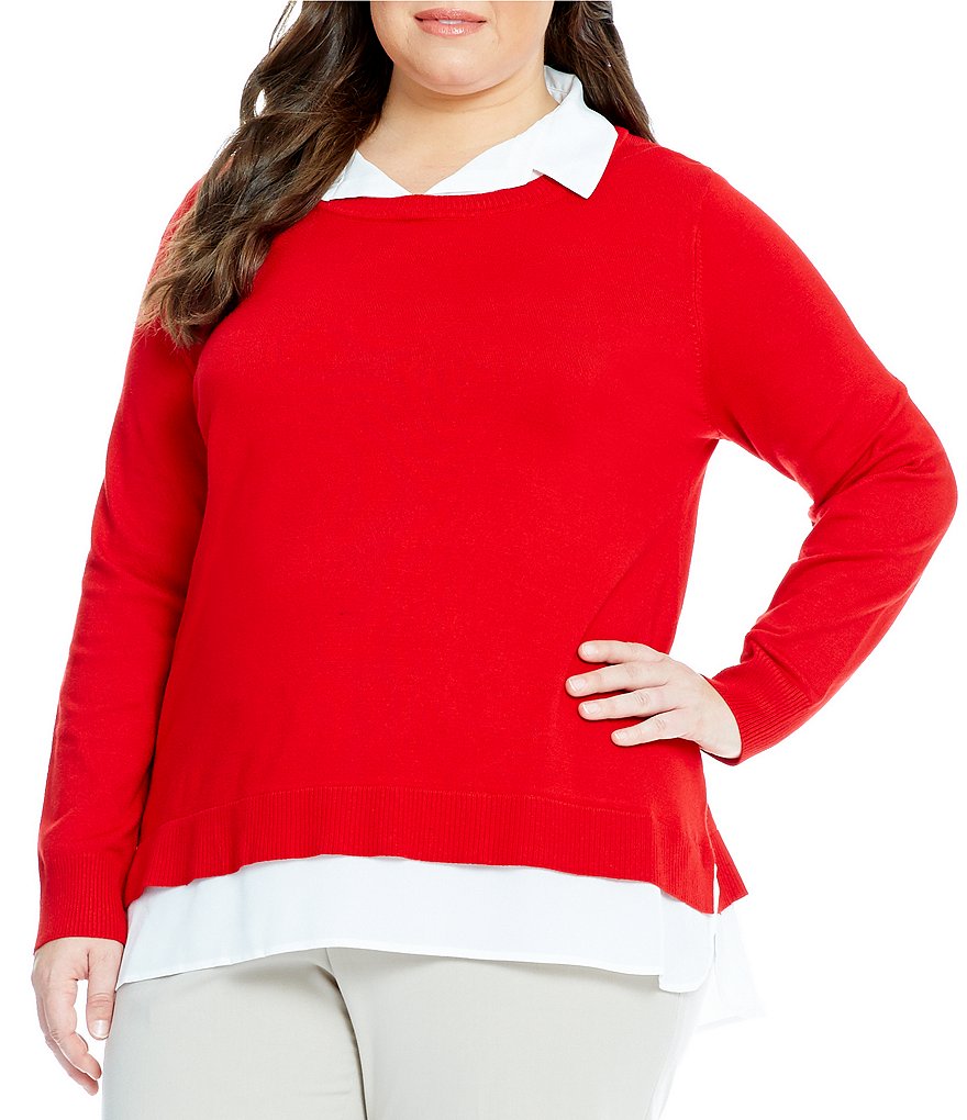 Calvin Klein Plus Solid Point Collar Shirttail Hem Blouse