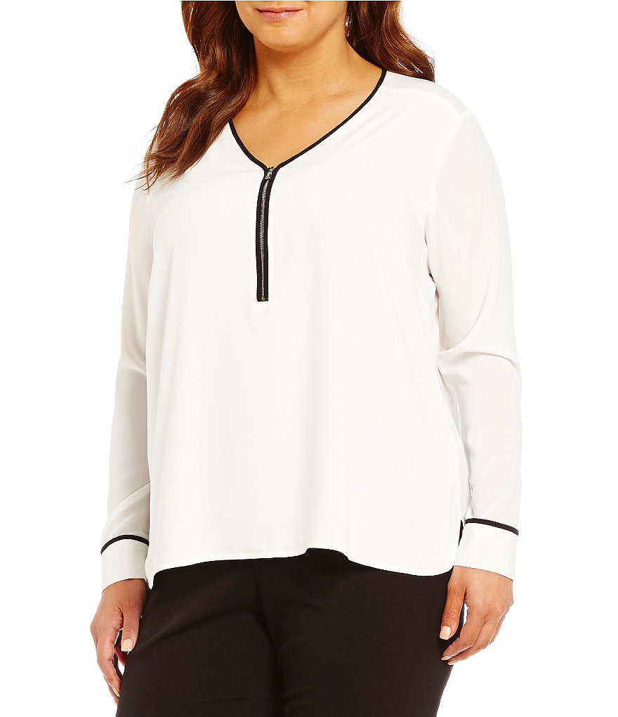 Calvin Klein Plus V-Neck Contrast-Trim Zip Front Top