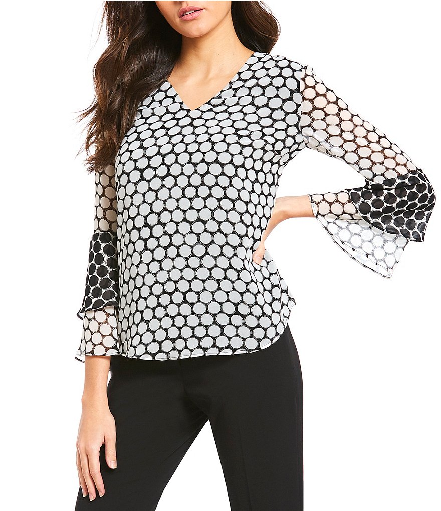 Calvin Klein Polka Dot Print V-Neck Contrast Tiered Bell Sleeve Tunic
