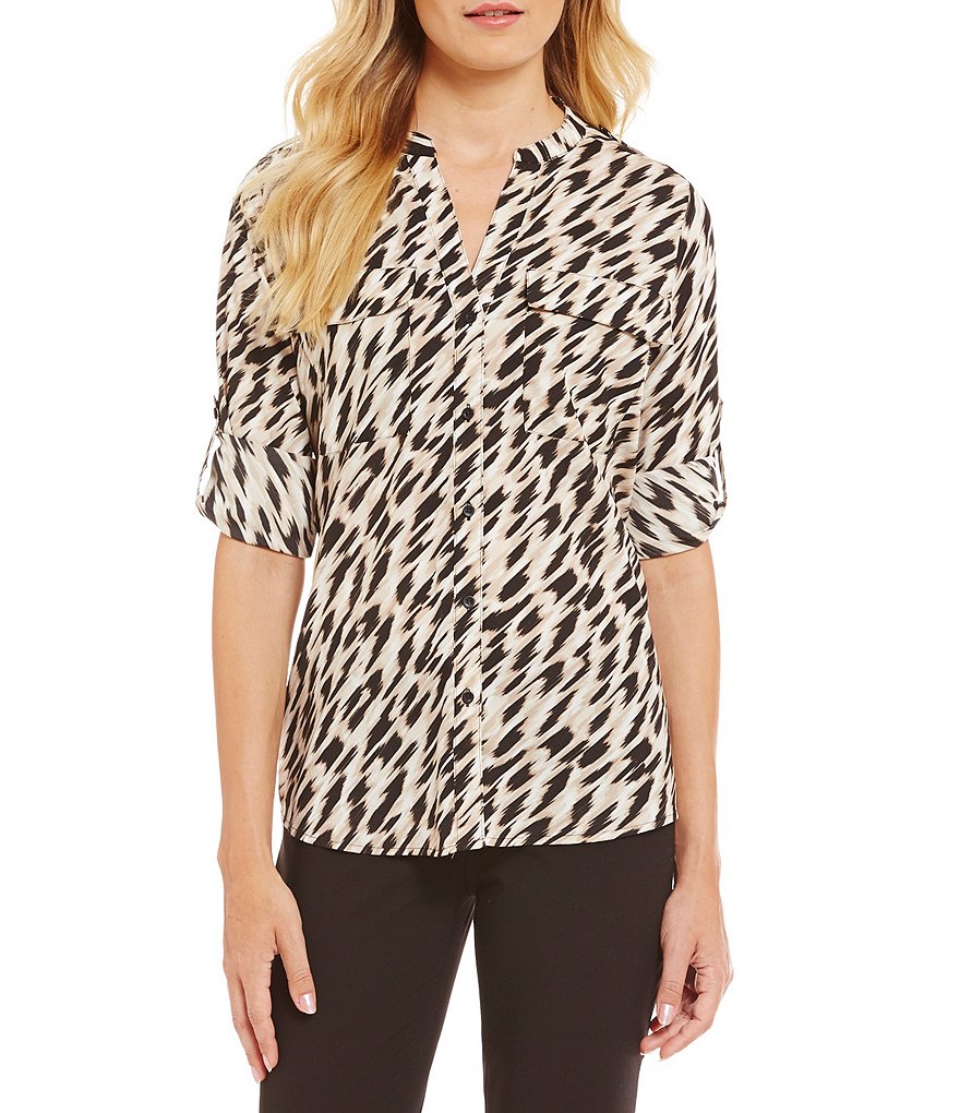 Calvin Klein Printed Roll-Tab Sleeve Blouse
