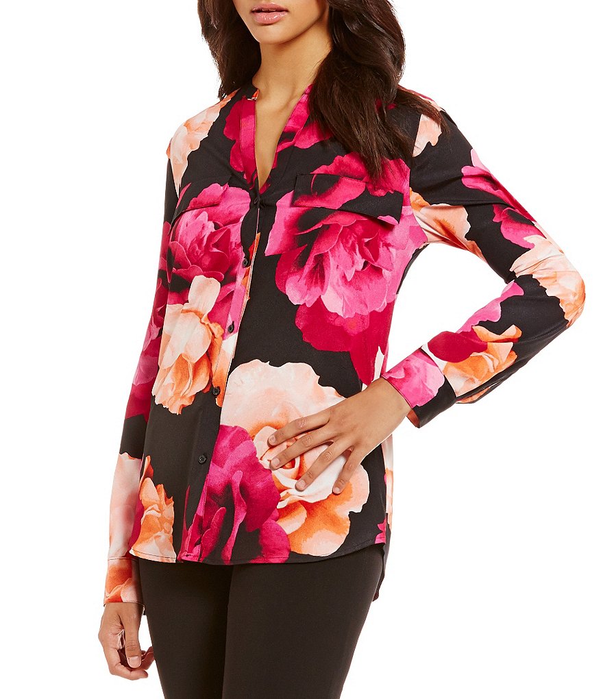 Calvin Klein Printed Roll-Tab Sleeve Blouse