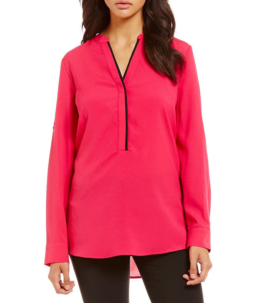 Calvin Klein Roll Sleeve Crepe De Chine Split V-Neck Tunic