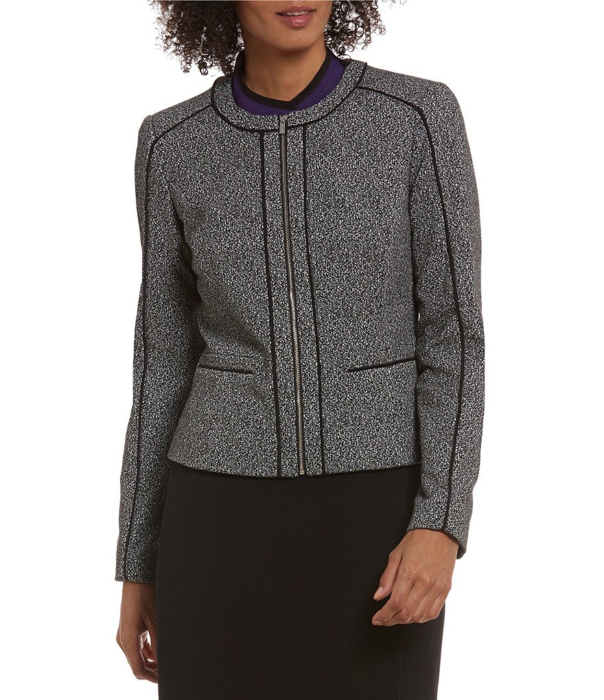 Calvin Klein Round Neck Marled Boucle Pipe Trim Front Zip Jacket