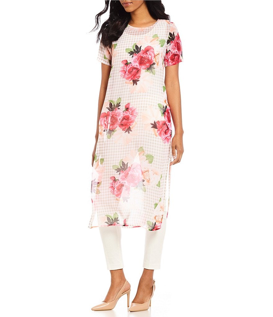 Calvin Klein Spring Rose Gingham Floral Print Chiffon Tunic