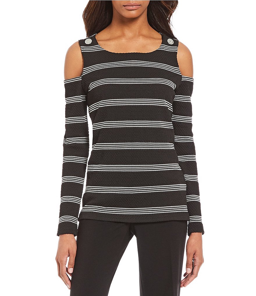 Calvin Klein Textured Jacuard Stripe Knit Cold Shoulder Long Sleeve Top